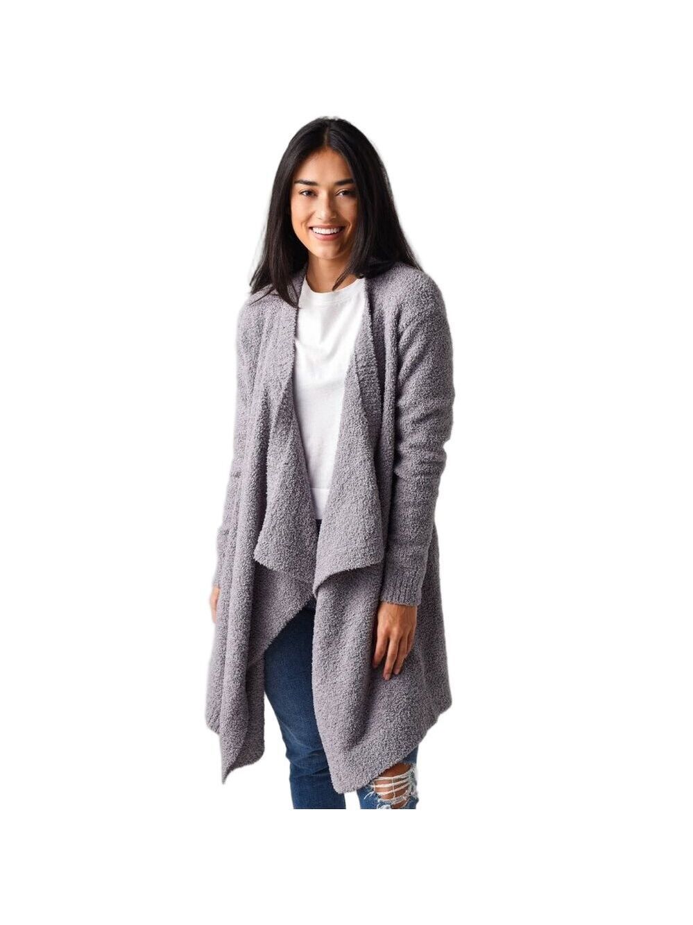 Ugg Women's Phoebe Wrap Fluffy Sweater Knit Open Draped Cardigan in Gray Medium